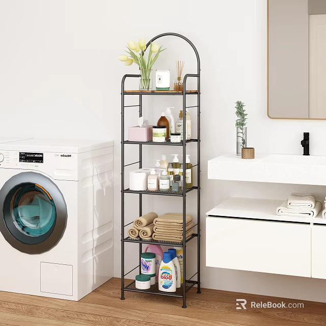 Modern Bathroom Storage Shelf with Washing Machine Vanity Mirror Toiletries Towels and Plants 3d model 