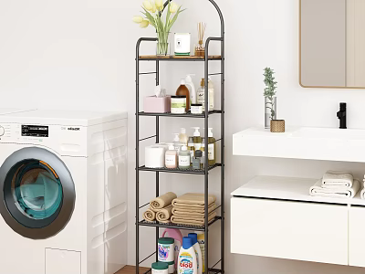 Modern Bathroom Storage Shelf with Washing Machine Vanity Mirror Toiletries Towels and Plants 3d model
