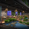 Hotpot Restaurant Interior Design Featuring Green Plants Tree Branch Decor And Stained Glass Windows
