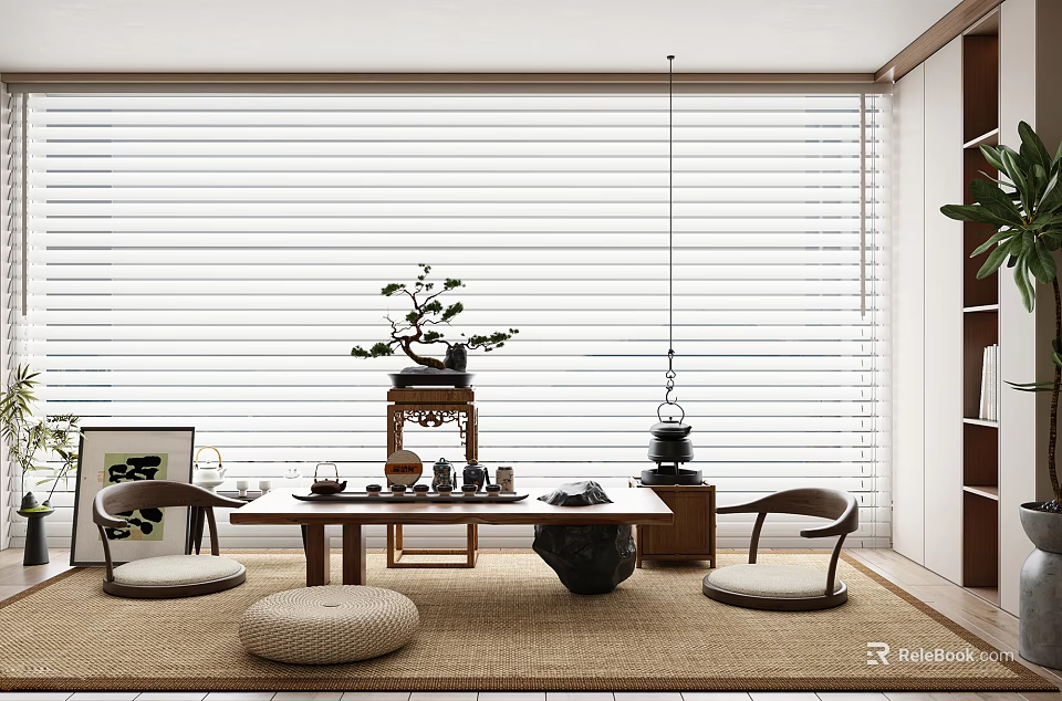 Serene Zen Tea Room Interior With Wooden Table Tea Set And Potted Plant 3d model 