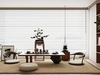 Serene Zen Tea Room Interior With Wooden Table Tea Set And Potted Plant 3d model