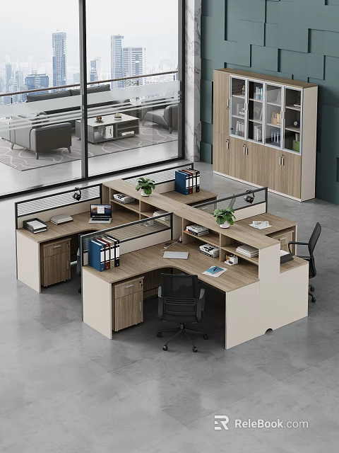 Modern Office Partition Work Desks With Files Potted Plants Computer And Office Chairs 3d model 