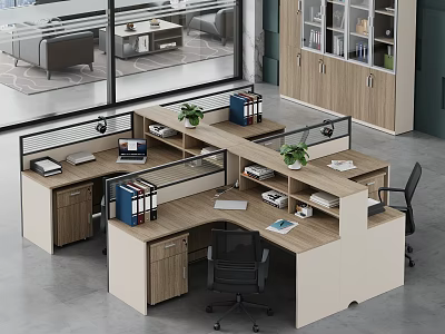 Modern Office Partition Work Desks With Files Potted Plants Computer And Office Chairs 3d model