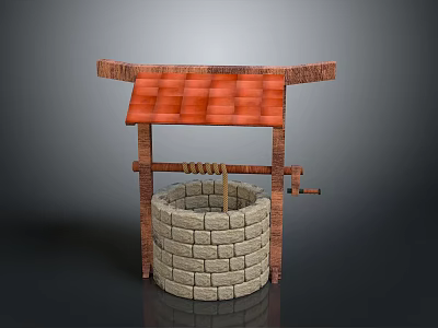 Traditional Well Structure With Red Tiled Roof Wooden Frame And Stone Brick Body 3d model