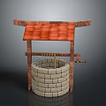 Traditional Well Structure With Red Tiled Roof Wooden Frame And Stone Brick Body