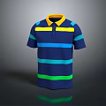 Navy Blue Short Sleeved Polo Shirt With Yellow Collar And Blue Green Yellow Stripes Design