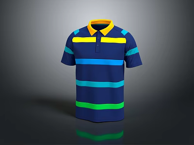 Navy Blue Short Sleeved Polo Shirt With Yellow Collar And Blue Green Yellow Stripes Design 3d model