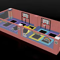 Indoor Trampoline Sports Equipment With Colorful Jumping Areas And Basketball Hoops