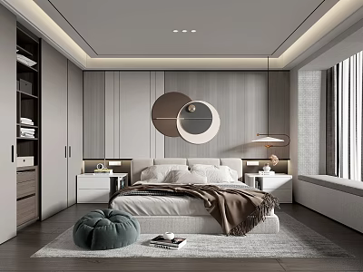 Modern Bedroom Interior With Comfortable Bed Circular Mirrors Nightstands And Large Window 3d model