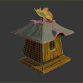 Wooden Birdhouse With Teal Wavy Roof And Colorful Leaf Decoration
