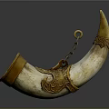 Ornate Decorative Horn With Golden Accents Ivory Body Chain And Intricate Carvings