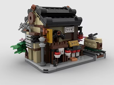Japanese Traditional Building Blocks Model With Detailed Roof Lanterns And Green Plants 3d model