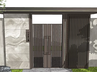 Luxury Modern Entrance Gate With Metal Grille Design And Stone Wall Background 3d model