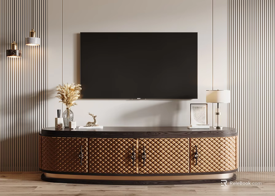 Modern TV Stand with Woven Design Doors Featuring Table Lamp Vase and Wall Mounted TV 3d model 