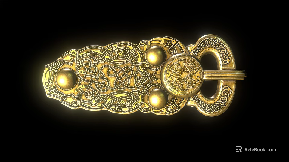 Golden Metal Buckle Featuring Intricate Patterns Circular Decorations and Ring Clasp 3d model 