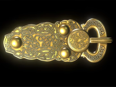 Golden Metal Buckle Featuring Intricate Patterns Circular Decorations and Ring Clasp 3d model
