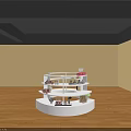 Spiral Shaped White Display Shelf for Toys with Multi Tiered Design in Wooden Floor Room