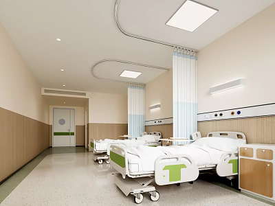 Modern Hospital Ward Interior With Multiple Beds Wooden Walls And Ceiling Lights 3d model