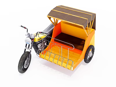Motorcycle Based Tricycle With Yellow Carriage Brown Canopy Metal Railings And Wooden Floor 3d model