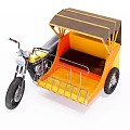 Motorcycle Based Tricycle With Yellow Carriage Brown Canopy Metal Railings And Wooden Floor