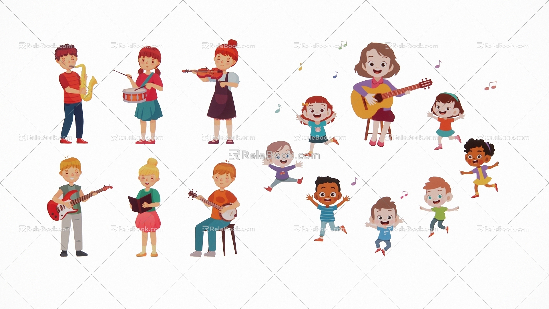 Modern 2D Cartoon Kids Music Singing Musical Instrument Band Publicity Illustration Silhouette model