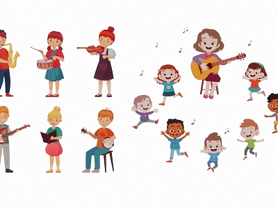 Modern 2D Cartoon Kids Music Singing Musical Instrument Band Publicity Illustration Silhouette model