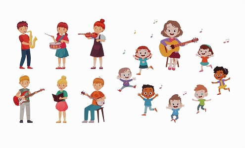 Modern 2D Cartoon Kids Music Singing Musical Instrument Band Publicity Illustration Silhouette 3d model