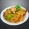 Delicious Asian Food With Stir Fried Noodles Spring Rolls Avocado Tomato Lettuce And Sesame Seeds