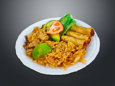 Delicious Asian Food With Stir Fried Noodles Spring Rolls Avocado Tomato Lettuce And Sesame Seeds 3d model