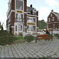 Red Brick Detached Villa With White Window Frames And Multi Story Design On Street Side