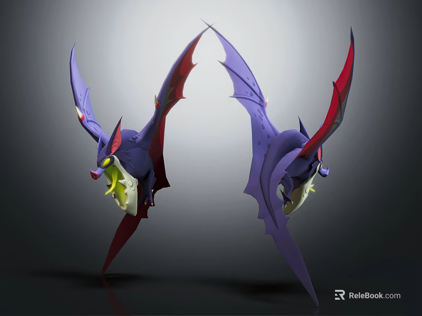 Two Purple Red Winged Creatures With Yellow Face Features Floating In Mid Air 3d model 