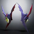Two Purple Red Winged Creatures With Yellow Face Features Floating In Mid Air