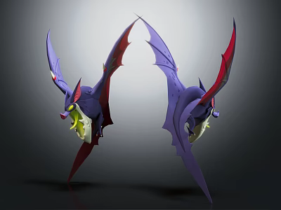 Two Purple Red Winged Creatures With Yellow Face Features Floating In Mid Air 3d model