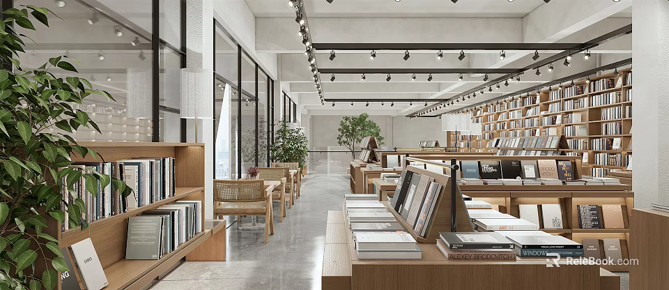 Book Art Interior with Curated Books Natural Light Tables Chairs and Green Plants 3d model 