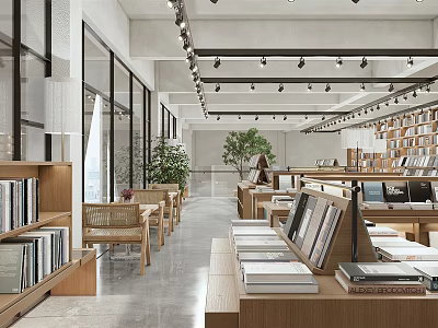 Book Art Interior with Curated Books Natural Light Tables Chairs and Green Plants 3d model