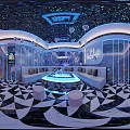 Modern Luxury KTV Party Interior With Sofa Coffee Table Lighting Balloon Decorations And Geometric Floor