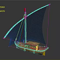 Wooden Sailing Boat With Light Blue Sail Mast And Detailed Wooden Cabin