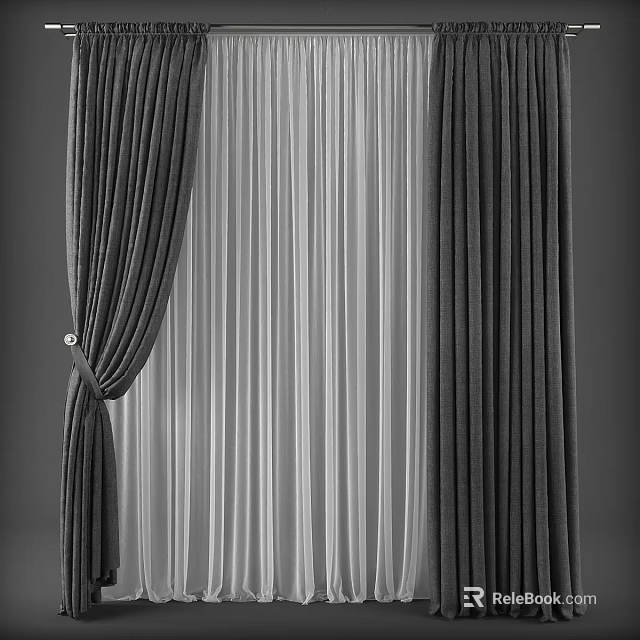 Dark Velvet Curtains With White Sheer Layer And Elegant Tieback Design 3d model 