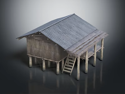 Traditional Stilted Wooden Building With Corrugated Iron Roof Staircase And Thatched Overhang Design 3d model
