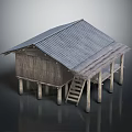 Traditional Stilted Wooden Building With Corrugated Iron Roof Staircase And Thatched Overhang Design