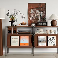 Modern Minimalist Entryway Side Cabinet With Wooden Panels Metal Frame Books Table Lamp And Artwork