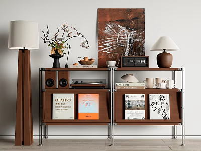 Modern Minimalist Entryway Side Cabinet With Wooden Panels Metal Frame Books Table Lamp And Artwork 3d model