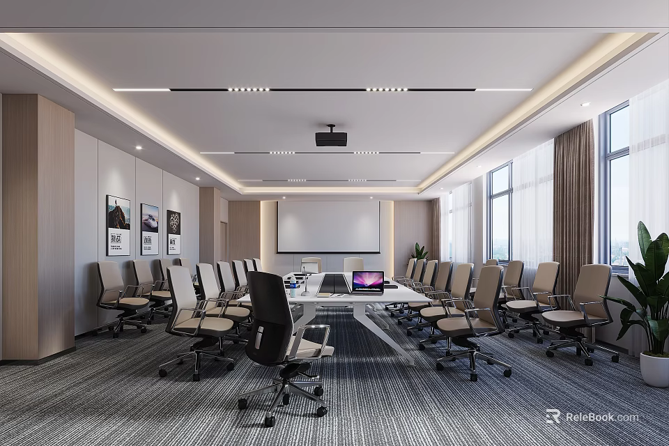 Modern Conference Room Interior Design With Long Meeting Table Ergonomic Chairs Projector And Large Windows 3d model 