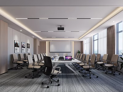 Modern Conference Room Interior Design With Long Meeting Table Ergonomic Chairs Projector And Large Windows 3d model