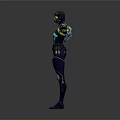 Futuristic Sci Fi Character In Green Purple Outfit With Helmet And Outstretched Arms
