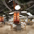 Modern Restaurant Interior With Green Plant Decor Central Orange Pillar Bookshelves And Wooden Tables