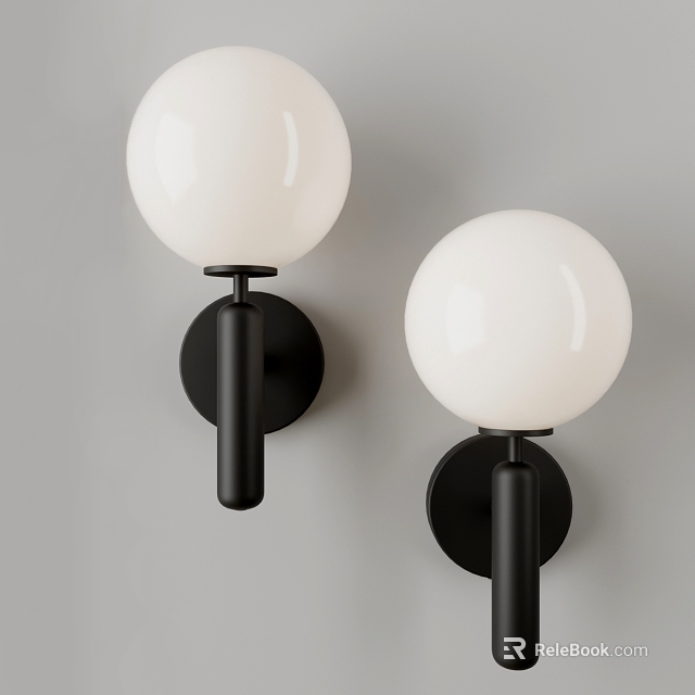 Modern Wall Lamps with White Spherical Shades and Black Bases Mounted on Grey Wall 3d model 