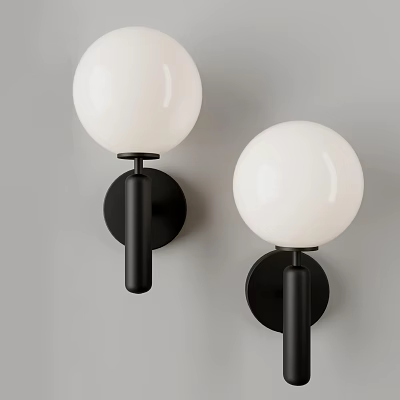Modern Wall Lamps with White Spherical Shades and Black Bases Mounted on Grey Wall 3d model