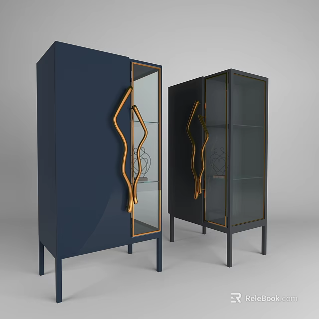 Elegant Modern Decorative Cabinets With Glass Doors Golden Handles And Metal Legs 3d model 