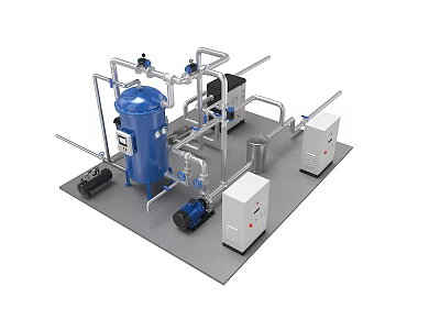 Industrial Equipment System with Blue Tank Piping Pumps and Control Cabinets 3d model